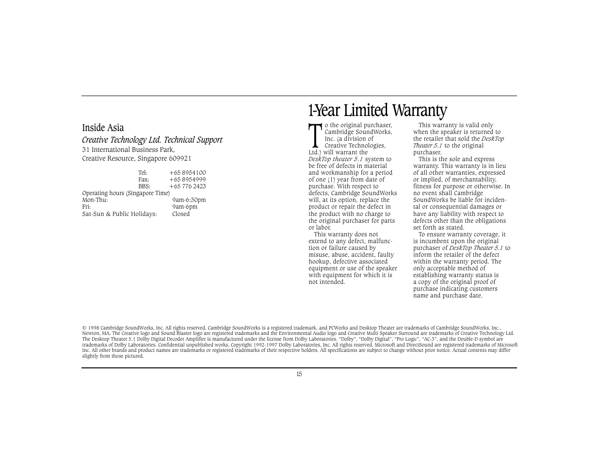 Year limited warranty, Inside asia | Cambridge SoundWorks Home Theater System User Manual | Page 18 / 19