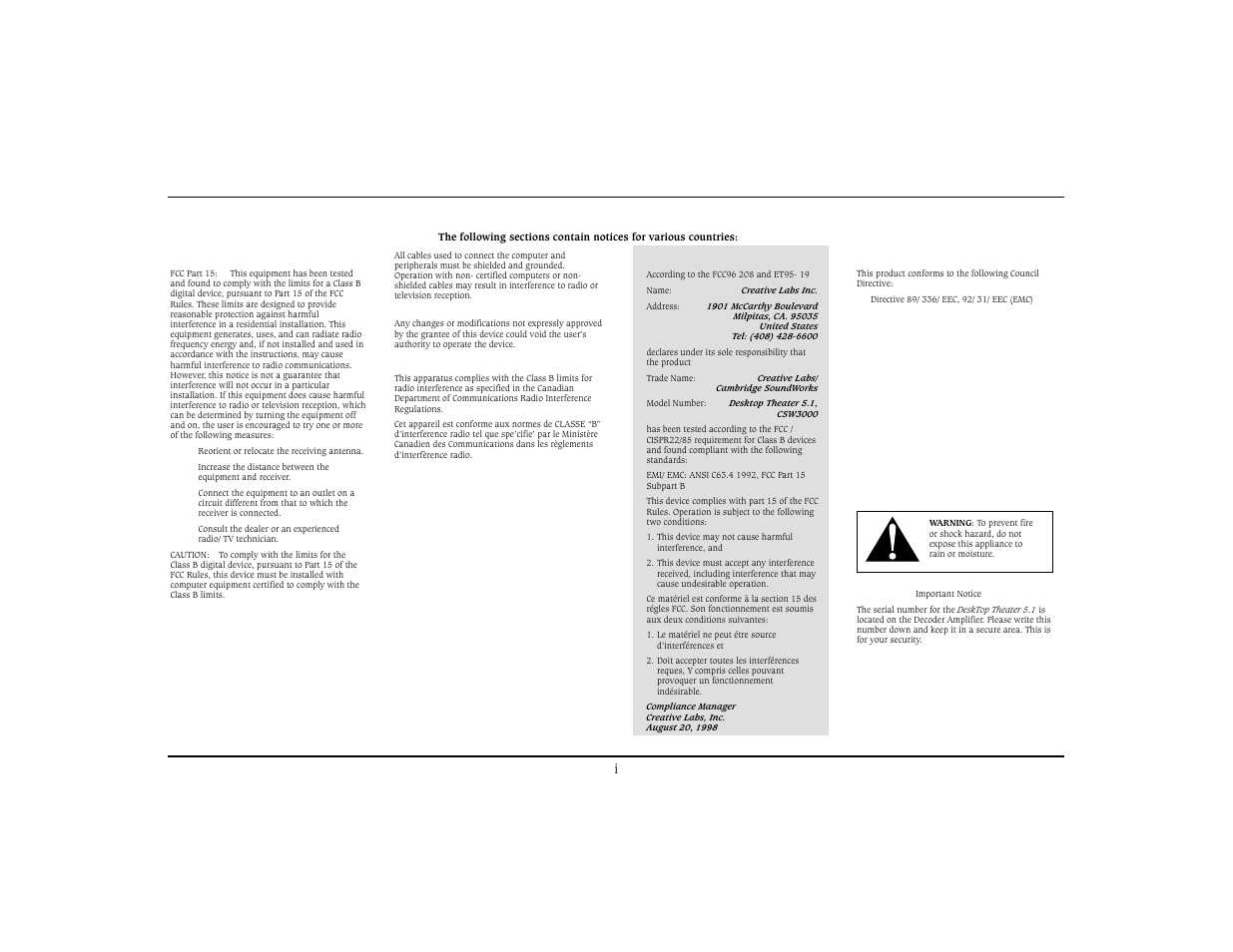 Notice for the usa, Notice for canada, Declaration of conformity | Compliance, Safety & regulatory information | Cambridge SoundWorks Home Theater System User Manual | Page 2 / 19