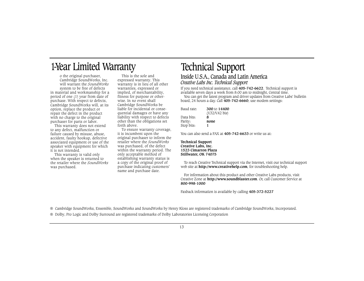 Year limited warranty, Technical support, Inside u.s.a., canada and latin america | Cambridge SoundWorks Speaker System User Manual | Page 16 / 19