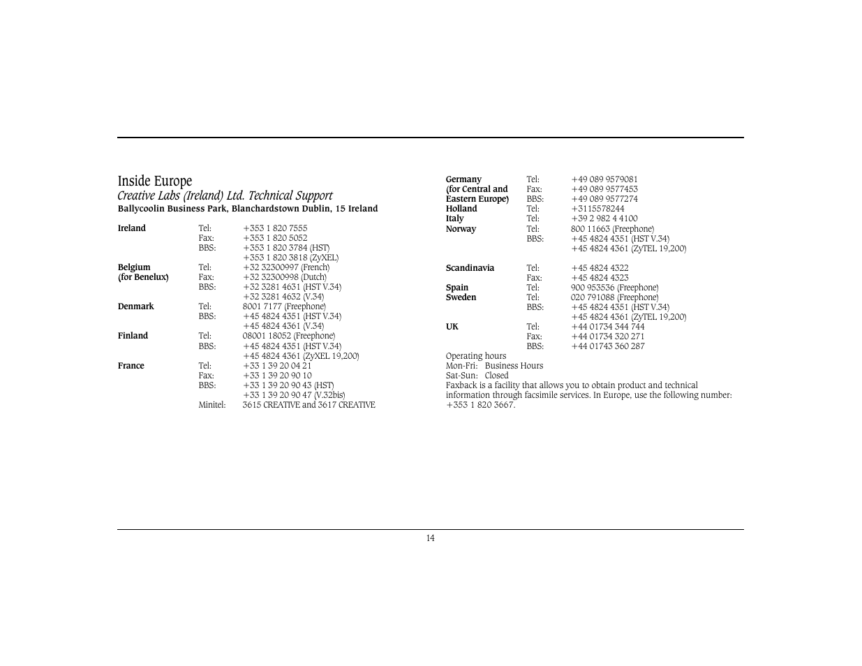 Inside europe, Creative labs (ireland) ltd. technical support | Cambridge SoundWorks Speaker System User Manual | Page 17 / 19