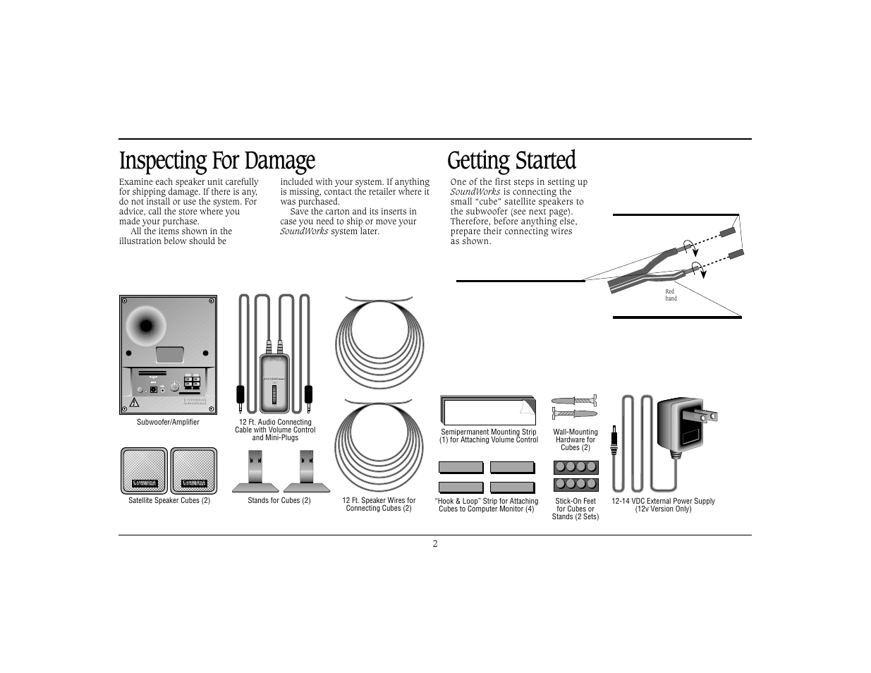 Inspecting for damage, Getting started | Cambridge SoundWorks Speaker System User Manual | Page 5 / 19