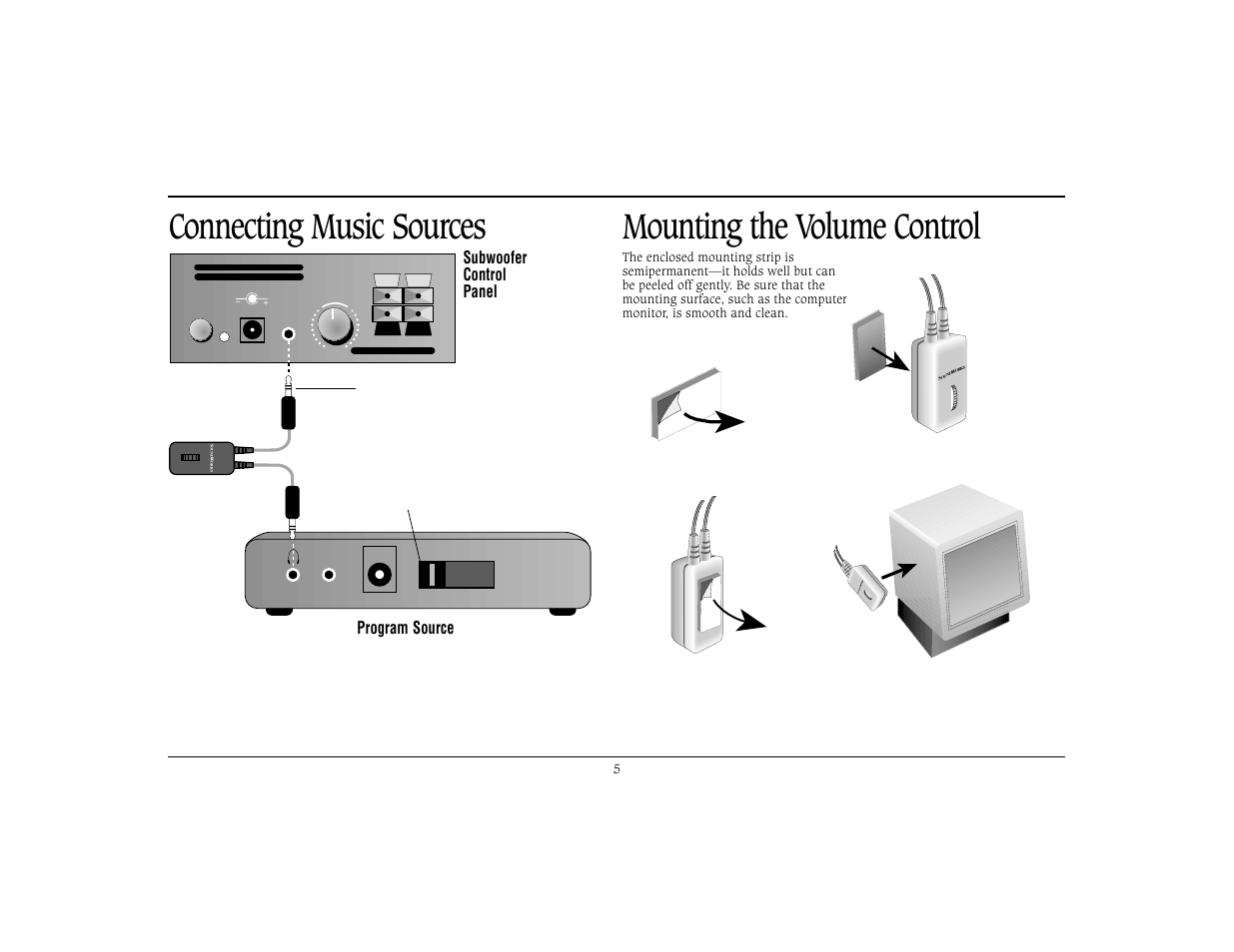 Connecting music sources, Mounting the volume control, Program source subwoofer control panel | Cambridge SoundWorks Speaker System User Manual | Page 8 / 19