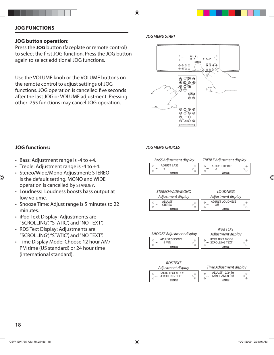 Jog button operation: press the | Cambridge SoundWorks I755 User Manual | Page 18 / 24