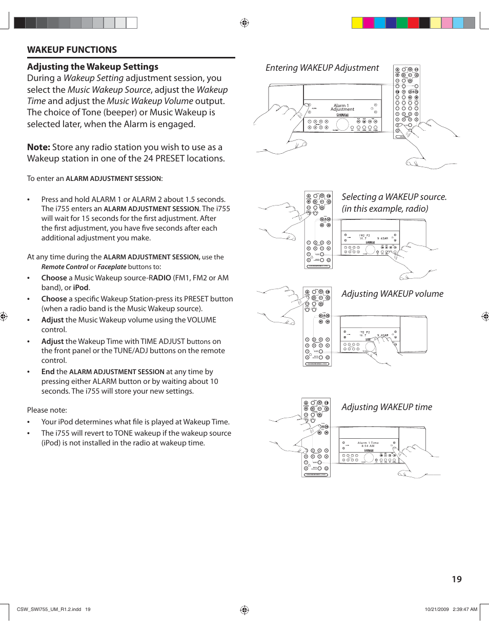Wakeup functions, Adjust the wakeup time with time adjust b, End the | Cambridge SoundWorks I755 User Manual | Page 19 / 24