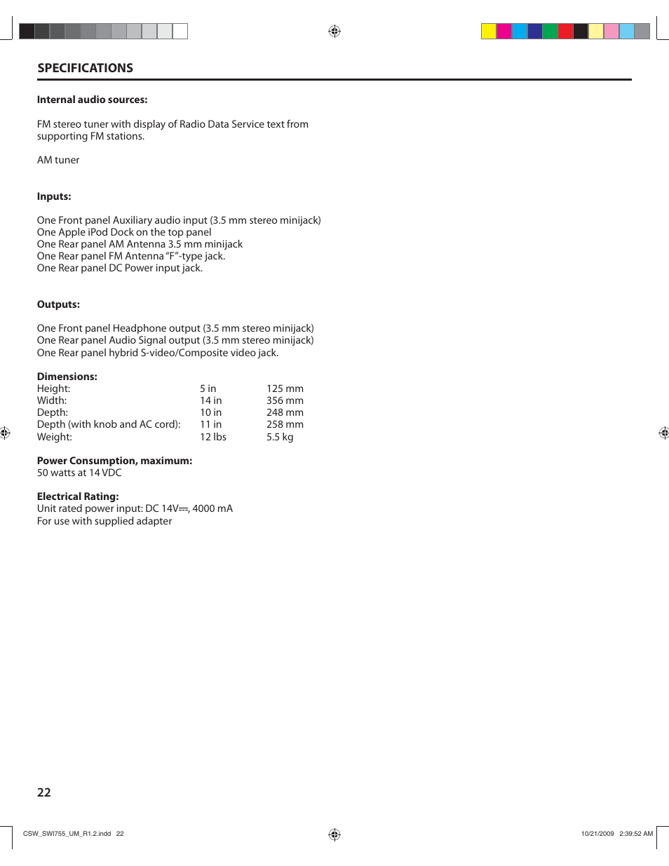 22 specifications | Cambridge SoundWorks I755 User Manual | Page 22 / 24