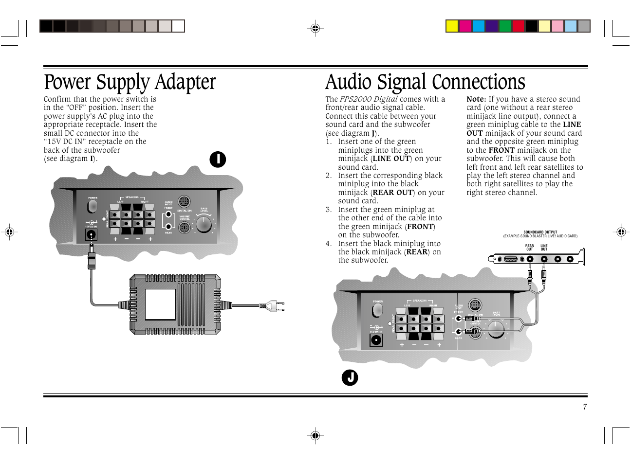 Power supply adapter, Audio signal connections | Cambridge SoundWorks FPS2000 User Manual | Page 11 / 20