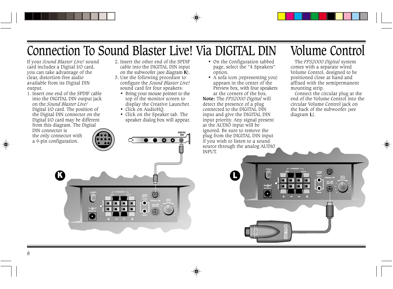 Volume control, Connection to sound blaster live! via digital din | Cambridge SoundWorks FPS2000 User Manual | Page 12 / 20