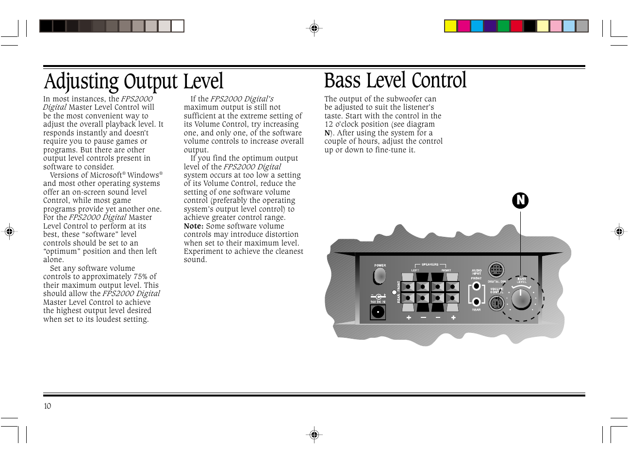 Adjusting output level, Bass level control | Cambridge SoundWorks FPS2000 User Manual | Page 14 / 20