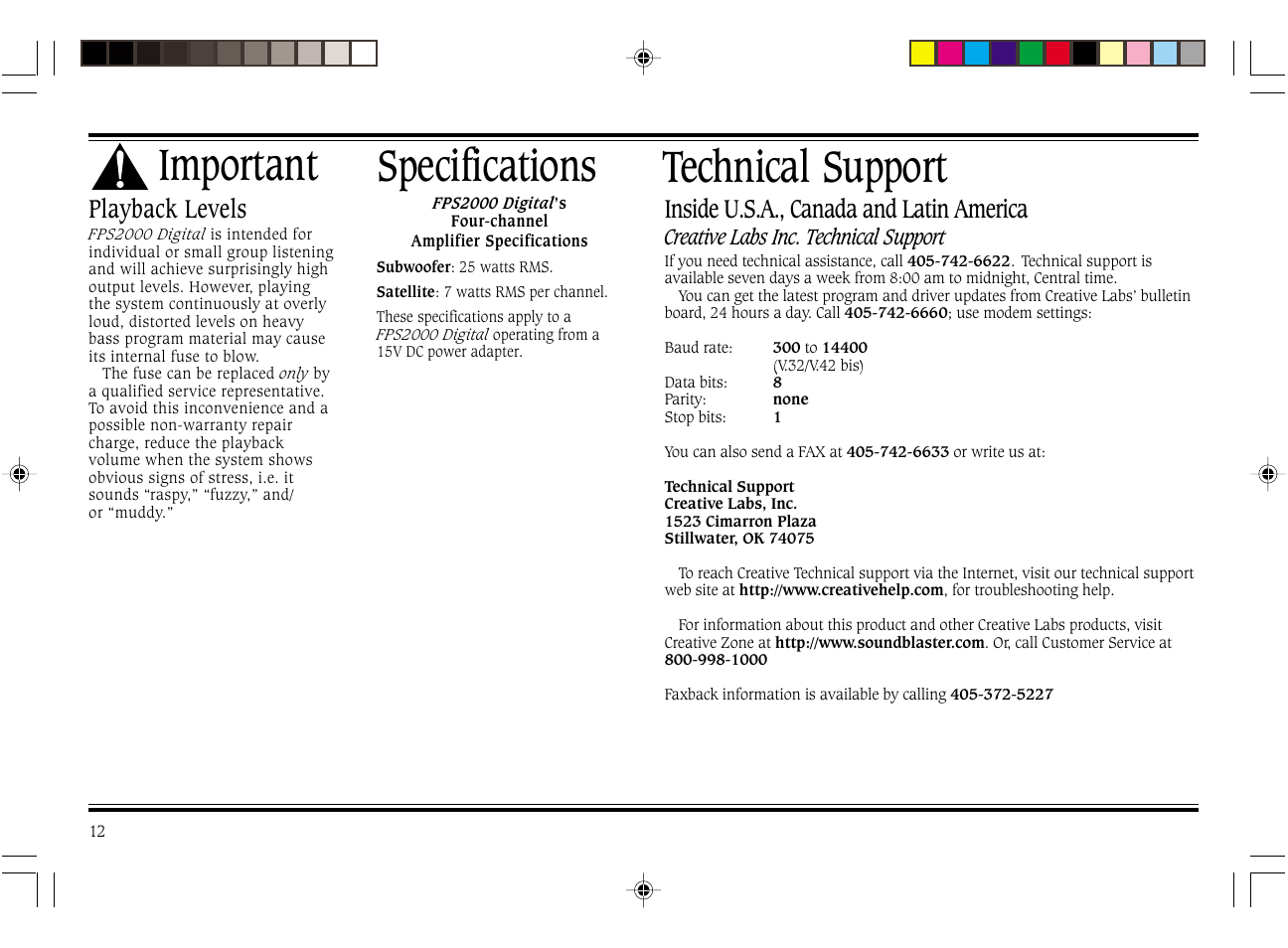 Technical support, Important, Specifications | Inside u.s.a., canada and latin america, Playback levels | Cambridge SoundWorks FPS2000 User Manual | Page 16 / 20