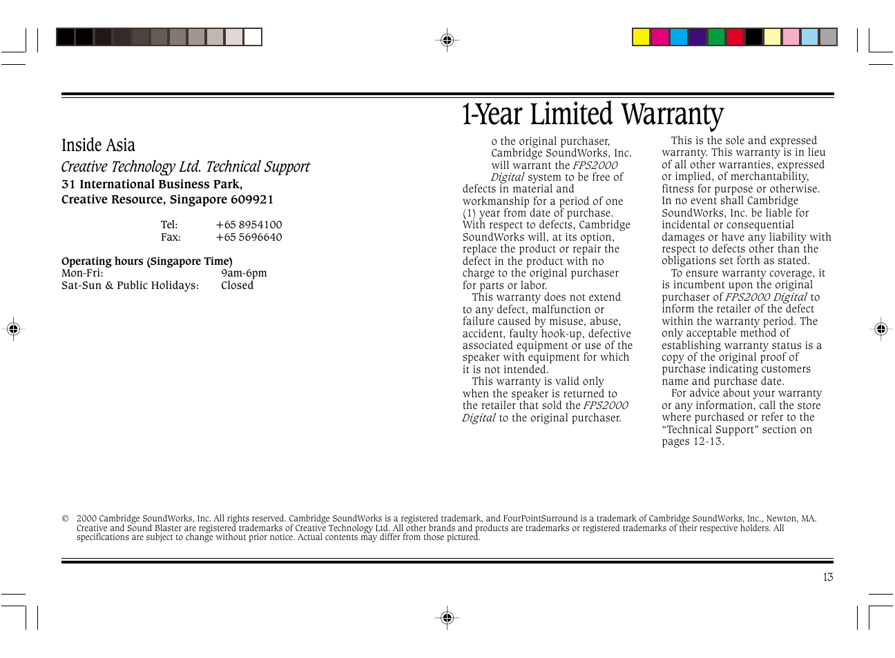 Year limited warranty, Inside asia | Cambridge SoundWorks FPS2000 User Manual | Page 17 / 20