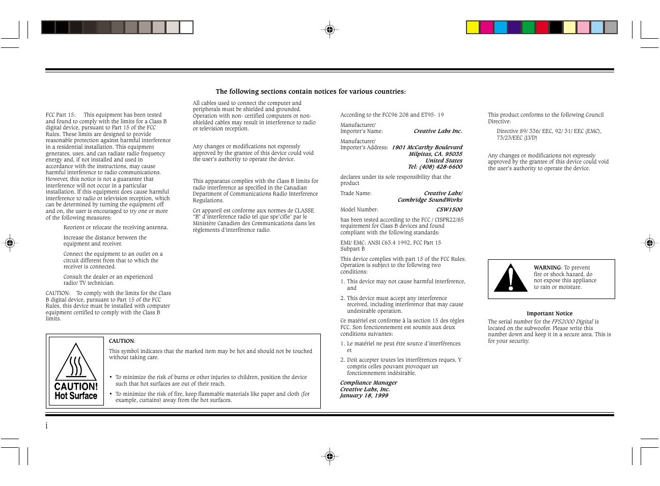 Notice for the usa, Notice for canada, Safety & regulatory information | Declaration of conformity, Compliance | Cambridge SoundWorks FPS2000 User Manual | Page 2 / 20