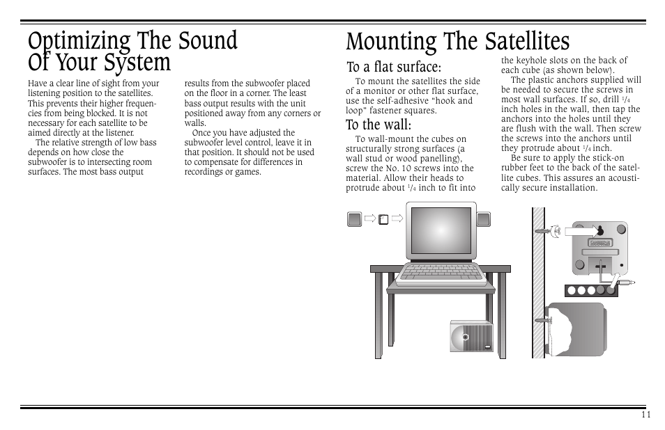 Mounting the satellites, Optimizing the sound of your system | Cambridge SoundWorks PCWorks User Manual | Page 15 / 20