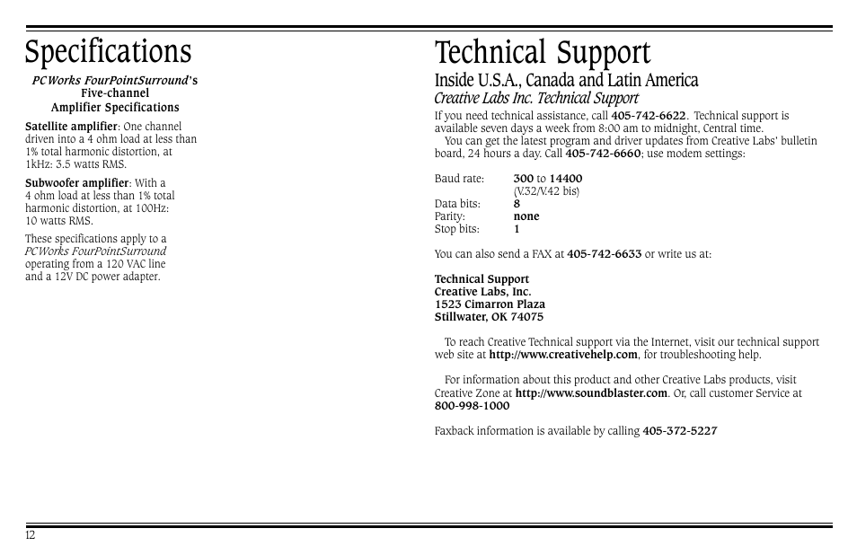 Technical support, Specifications, Inside u.s.a., canada and latin america | Creative labs inc. technical support | Cambridge SoundWorks PCWorks User Manual | Page 16 / 20