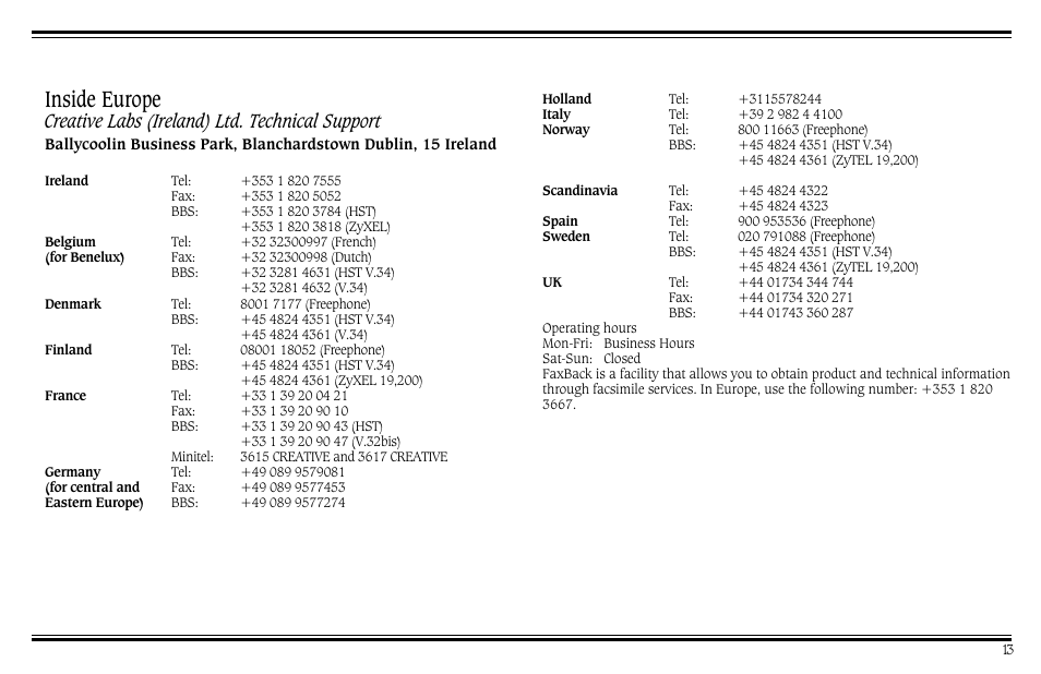 Inside europe, Creative labs (ireland) ltd. technical support | Cambridge SoundWorks PCWorks User Manual | Page 17 / 20