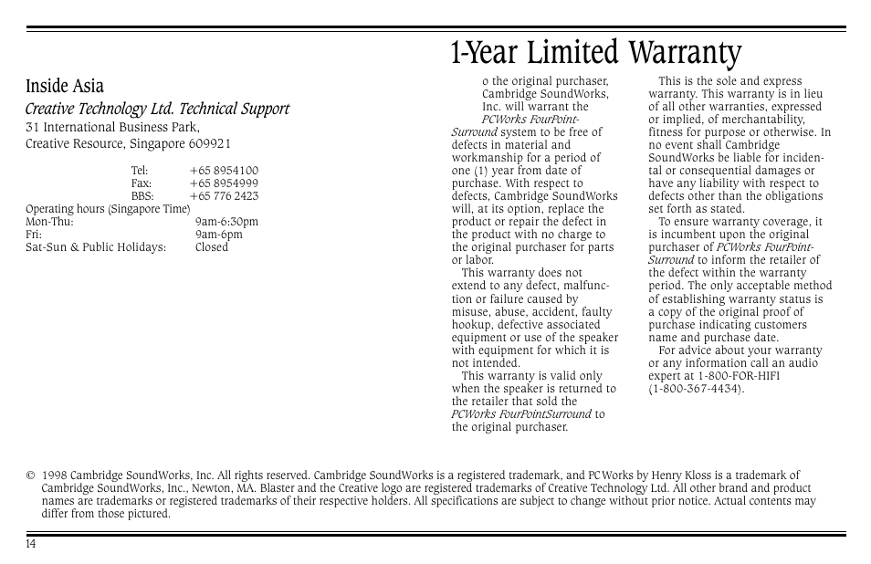 Year limited warranty, Inside asia | Cambridge SoundWorks PCWorks User Manual | Page 18 / 20