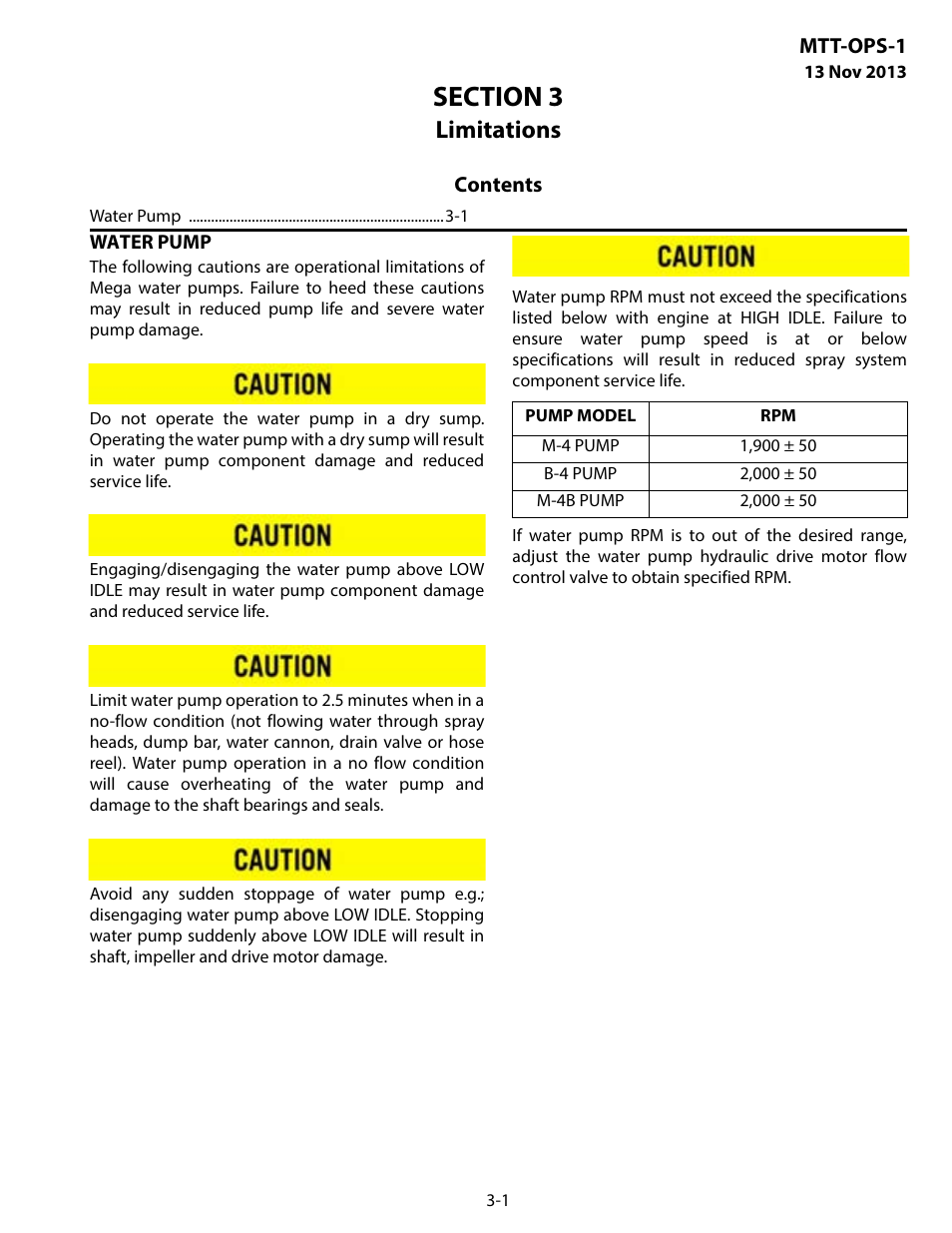 Limitations, Water pump, Section 3 limitations -1 | MEGA Corp. MTT-OPS-1 User Manual | Page 26 / 73