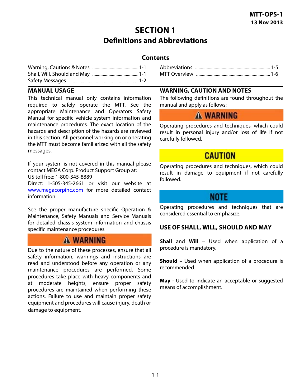 Definitions and abbreviations, Manual usage, Warning, caution and notes | Use of shall, will, should and may, Section 1 definitions and abbreviations -1 | MEGA Corp. MTT-OPS-1 User Manual | Page 4 / 73