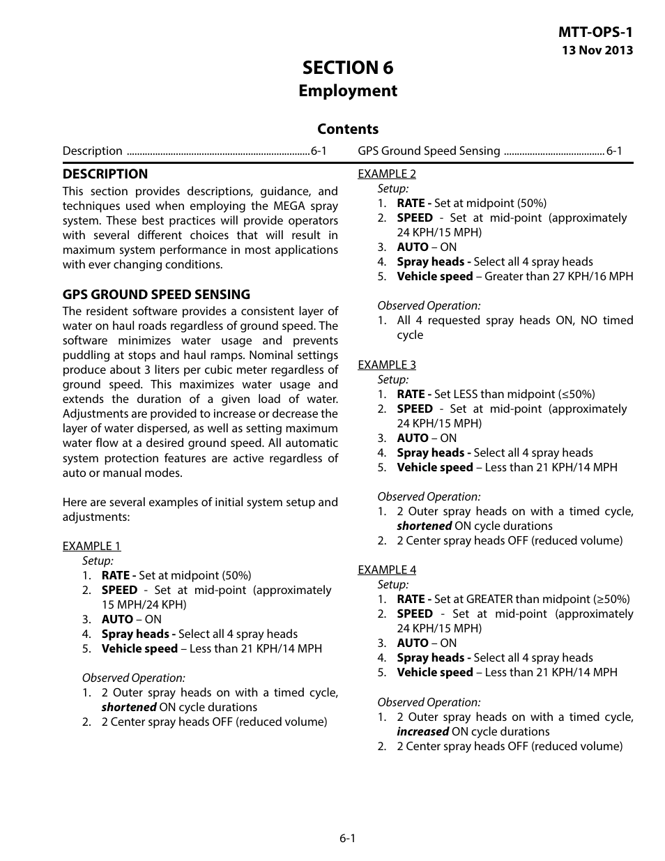 Employment, Description, Gps ground speed sensing | Section 6 employment -1 | MEGA Corp. MTT-OPS-1 User Manual | Page 50 / 73