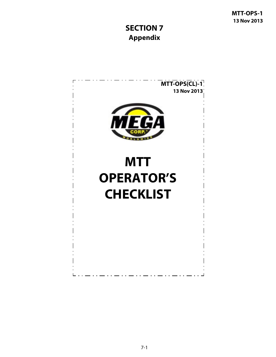 Mtt operator’s checklist, Section 7 mtt operator’s checklist -1 | MEGA Corp. MTT-OPS-1 User Manual | Page 52 / 73