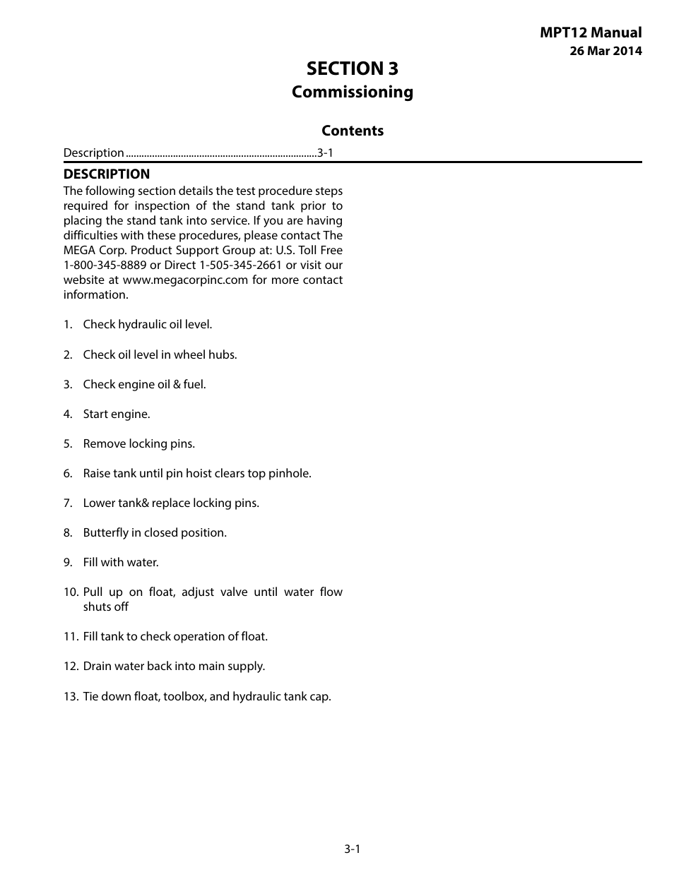 Commissioning, Description, Section 3 commissioning -1 | MEGA Corp. MPT User Manual | Page 10 / 33