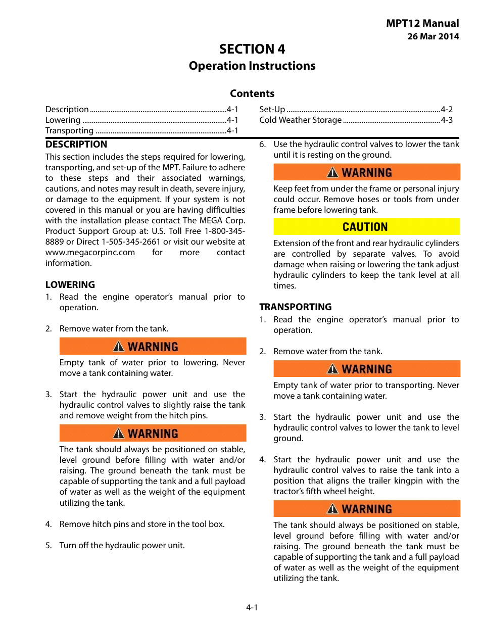 Operation instructions, Description, Lowering | Transporting, Section 4 operation instructions -1 | MEGA Corp. MPT User Manual | Page 12 / 33