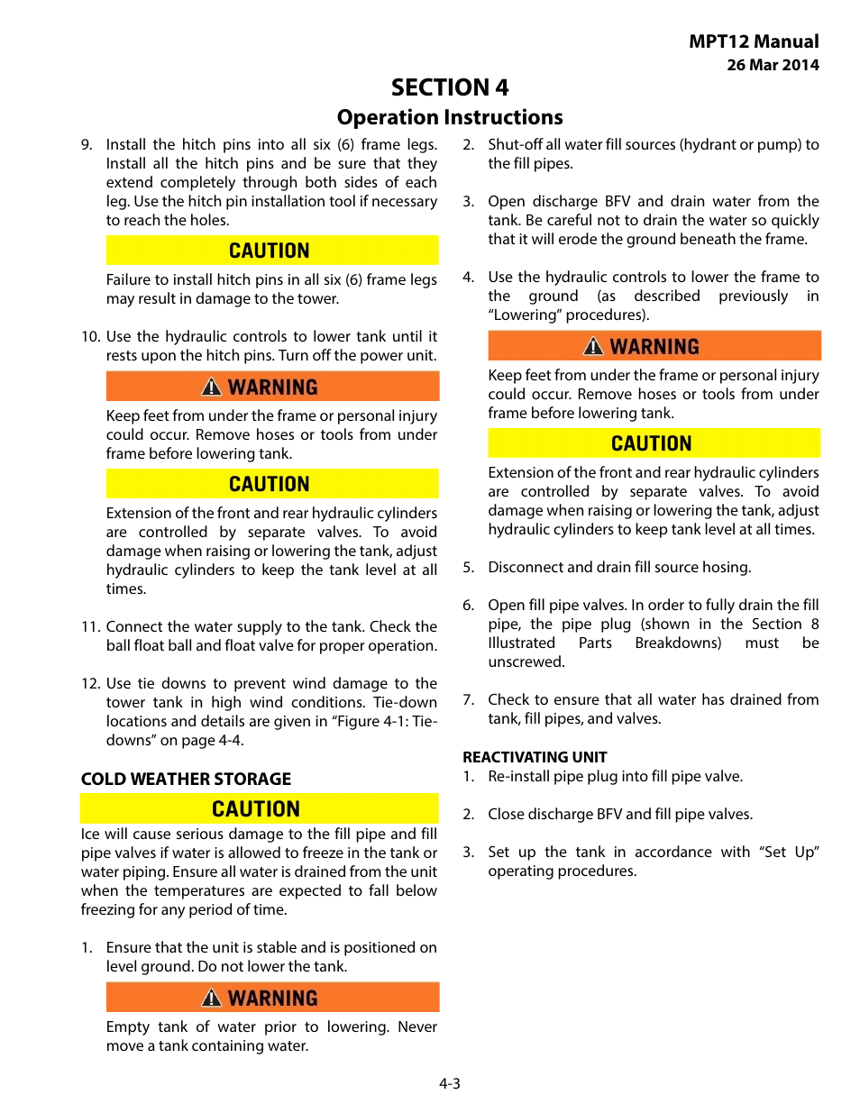 Cold weather storage, Operation instructions | MEGA Corp. MPT User Manual | Page 14 / 33