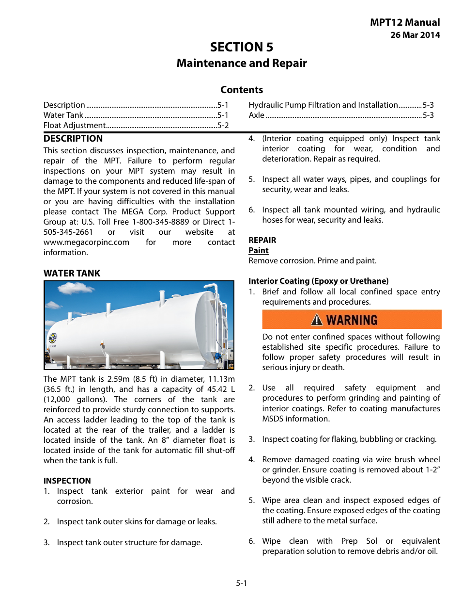 Maintenance and repair, Description, Water tank | Section 5 maintenance and repair -1 | MEGA Corp. MPT User Manual | Page 16 / 33