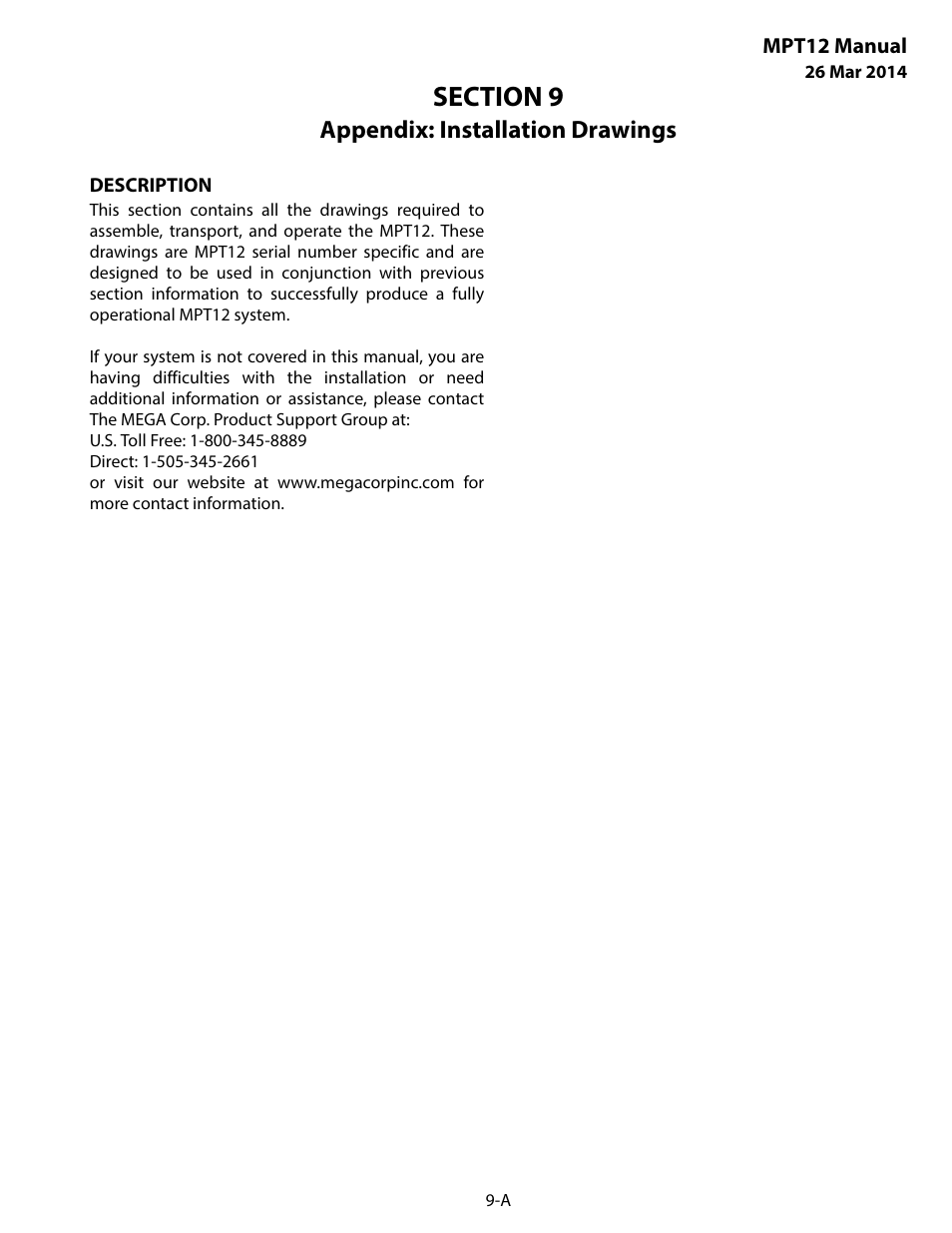 Appendix: installation drawings, Description, Section 9 appendix: installation drawings -a | MEGA Corp. MPT User Manual | Page 32 / 33