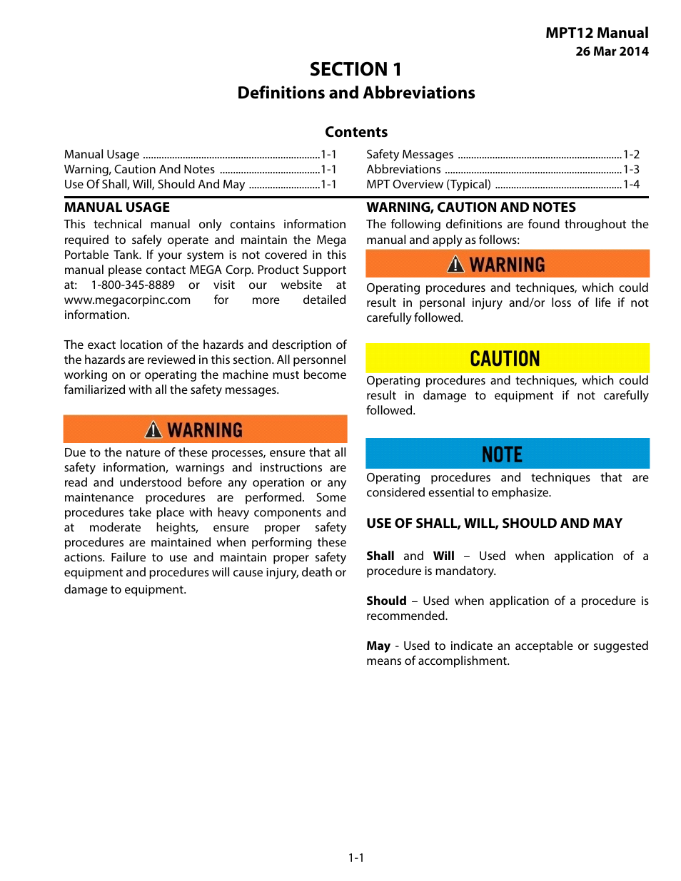 Definitions and abbreviations, Manual usage, Warning, caution and notes | Use of shall, will, should and may, Section 1 definitions and abbreviations -1 | MEGA Corp. MPT User Manual | Page 4 / 33