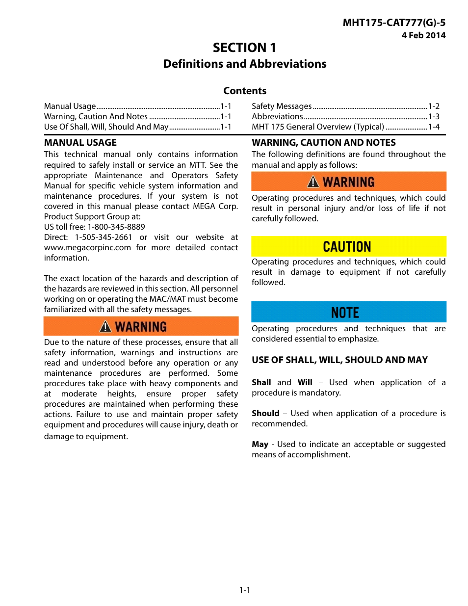 Definitions and abbreviations, Manual usage, Warning, caution and notes | Use of shall, will, should and may, Section 1 definitions and abbreviations -1 | MEGA Corp. MHT175-CAT777-INSP-RSP-5 User Manual | Page 4 / 17