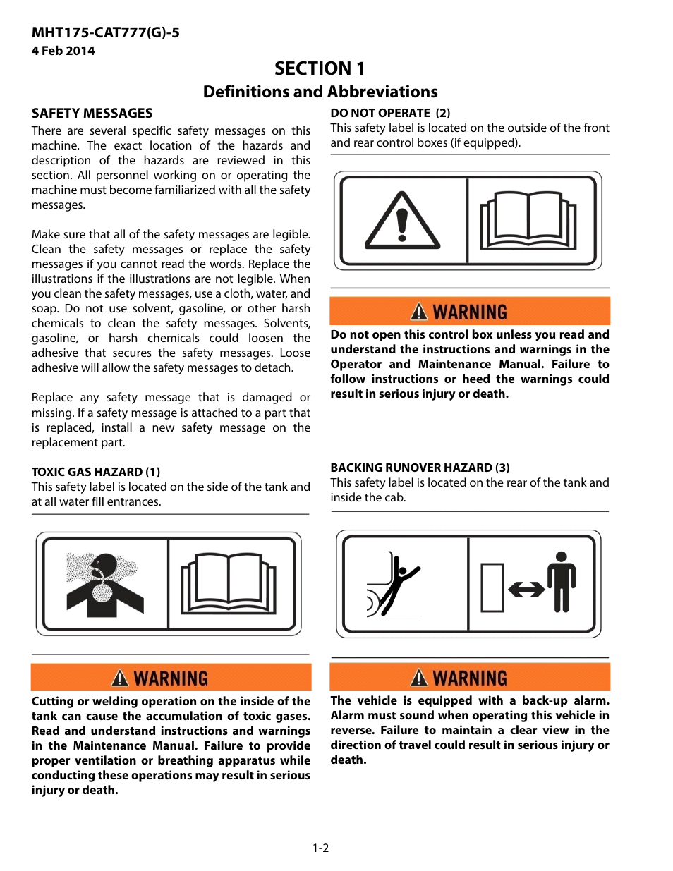 Safety messages, Safety messages -2, Definitions and abbreviations | MEGA Corp. MHT175-CAT777-INSP-RSP-5 User Manual | Page 5 / 17