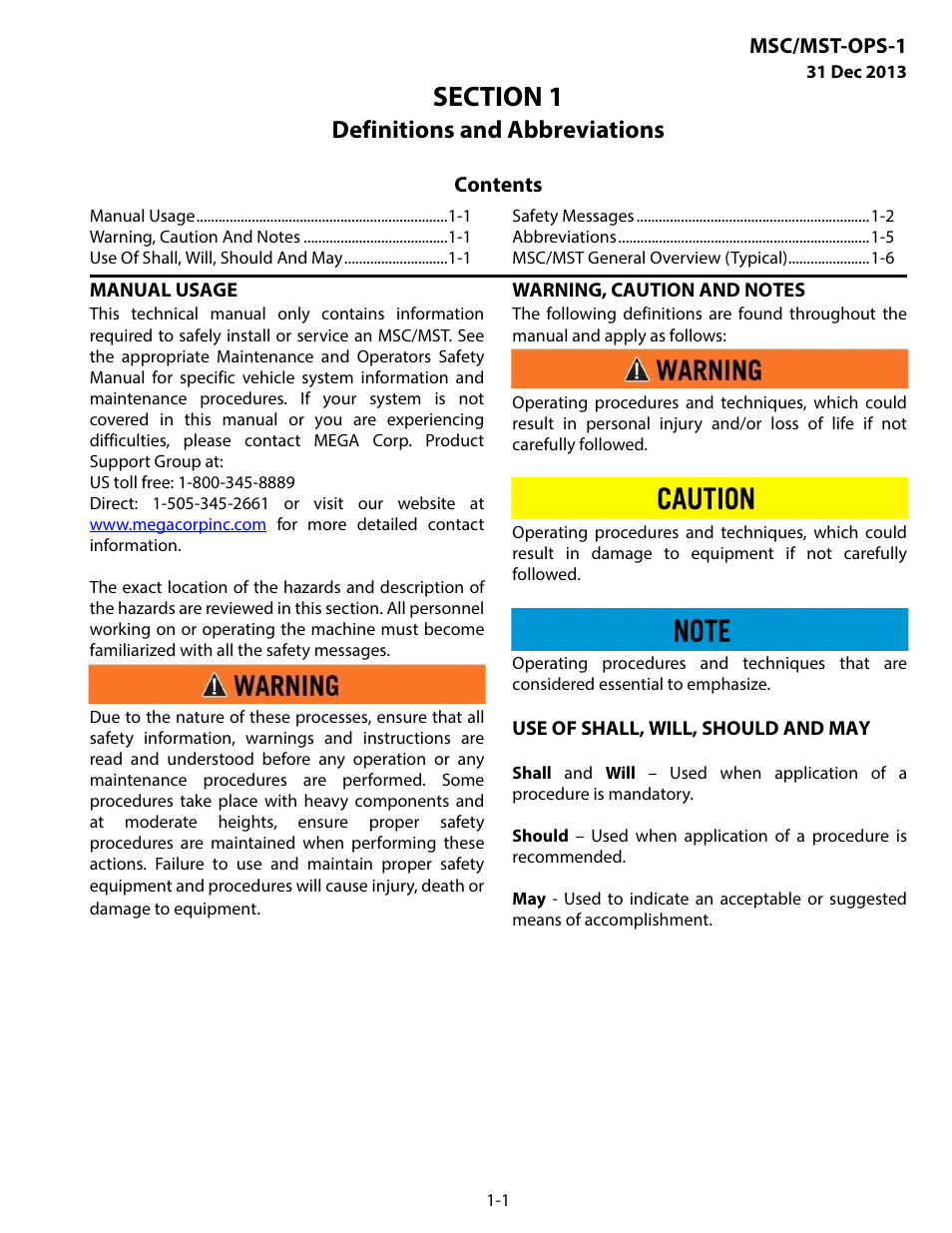 Definitions and abbreviations, Manual usage, Warning, caution and notes | Use of shall, will, should and may, Section 1 definitions and abbreviations -1 | MEGA Corp. MSC-OPS-1 User Manual | Page 4 / 61