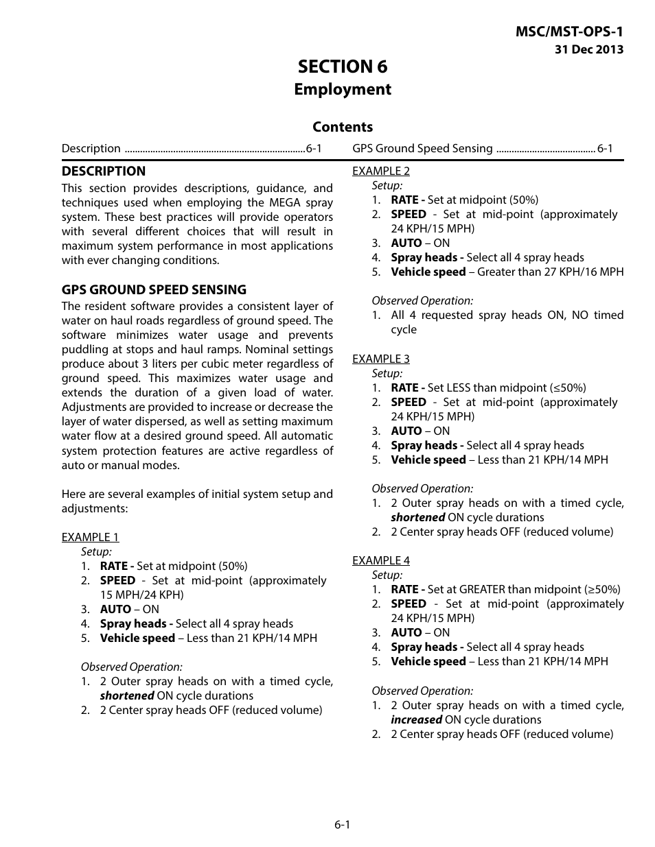 Employment, Description, Gps ground speed sensing | Section 6 employment -1 | MEGA Corp. MSC-OPS-1 User Manual | Page 42 / 61