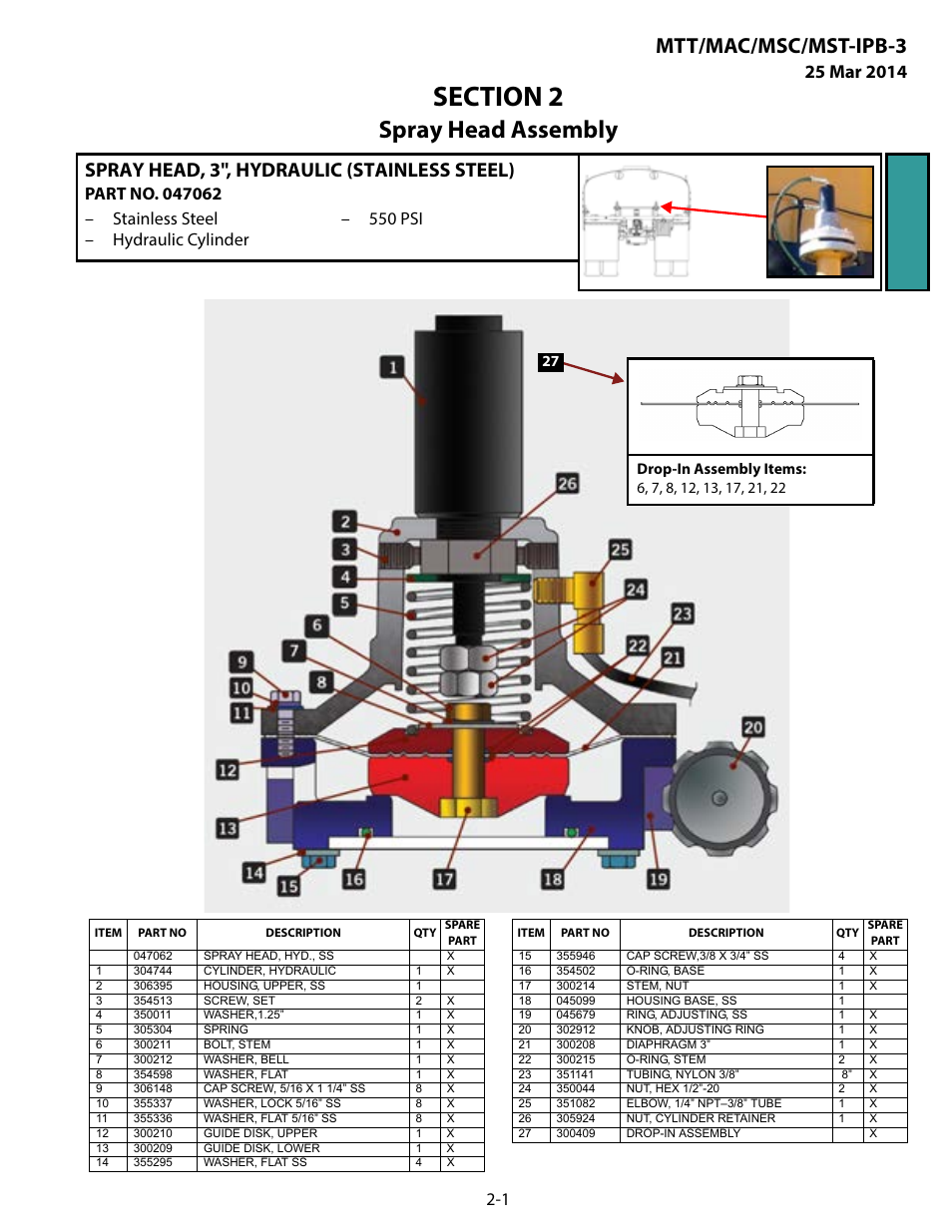 Spray head assembly, Spray head, 3", hydraulic (stainless steel), Section 2 spray head assembly | Spray head, 3", hydraulic (stainless steel) -1, Mtt/mac/msc/mst-ipb-3 | MEGA Corp. MTT-IPB-3 User Manual | Page 16 / 55