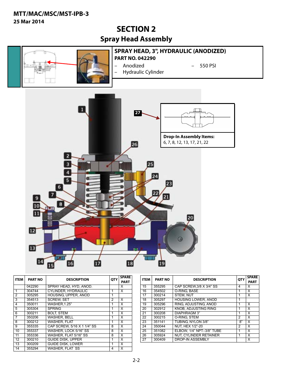 Spray head, 3", hydraulic (anodized), Spray head, 3", hydraulic (anodized) -2, Spray head assembly | Mtt/mac/msc/mst-ipb-3 | MEGA Corp. MTT-IPB-3 User Manual | Page 17 / 55