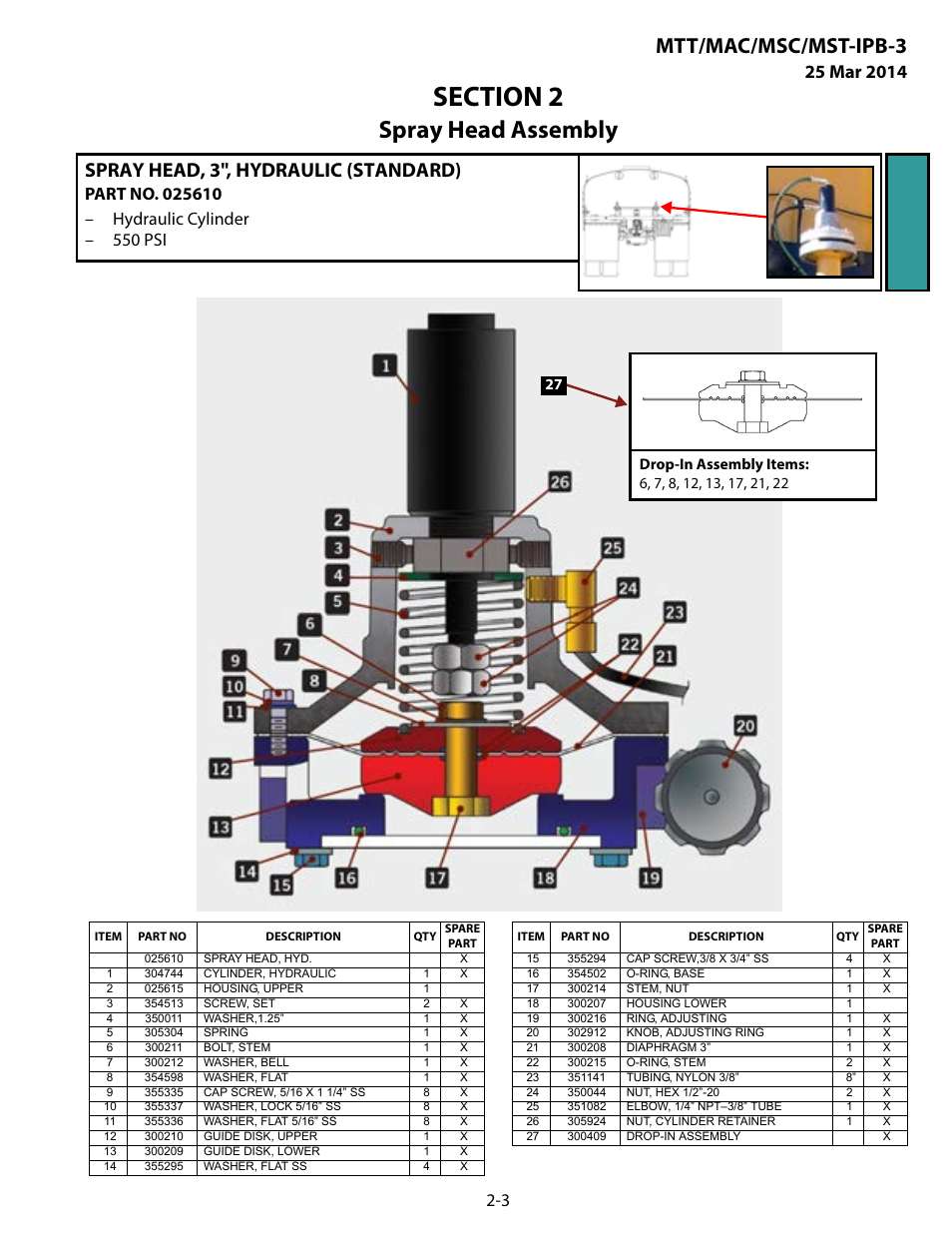 Spray head, 3", hydraulic (standard), Spray head, 3", hydraulic (standard) -3, Spray head assembly | Mtt/mac/msc/mst-ipb-3 | MEGA Corp. MTT-IPB-3 User Manual | Page 18 / 55