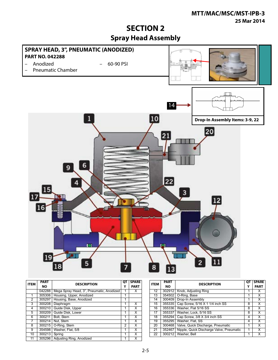 Spray head, 3", pneumatic (anodized), Spray head, 3", pneumatic (anodized) -5, Spray head assembly | Mtt/mac/msc/mst-ipb-3 | MEGA Corp. MTT-IPB-3 User Manual | Page 20 / 55