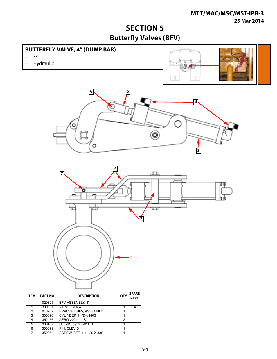 Butterfly valves (bfv), Butterfly valve, 4” (dump bar), Section 5 butterfly valves (bfv) | Butterfly valve, 4” (dump bar) -1, Mtt/mac/msc/mst-ipb-3, 4” – hydraulic | MEGA Corp. MTT-IPB-3 User Manual | Page 46 / 55