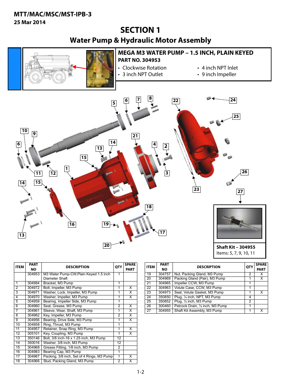 Mega m3 water pump – 1.5 inch, plain keyed, Mega m3 water pump – 1.5 inch, plain keyed -2, Water pump & hydraulic motor assembly | Mtt/mac/msc/mst-ipb-3 | MEGA Corp. MTT-IPB-3 User Manual | Page 5 / 55