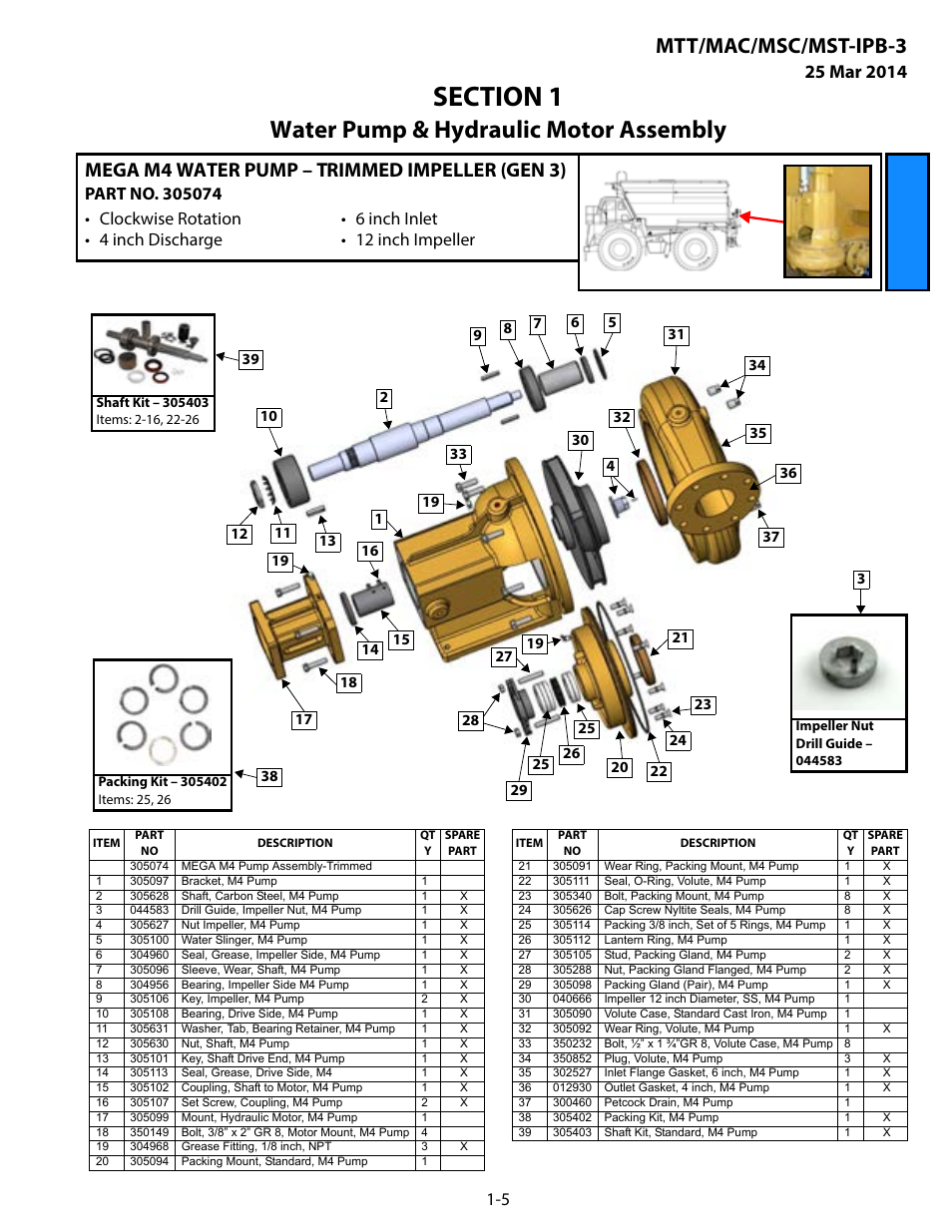 Mega m4 water pump – trimmed impeller (gen 3), Mega m4 water pump – trimmed impeller (gen 3) -5, Water pump & hydraulic motor assembly | Mtt/mac/msc/mst-ipb-3 | MEGA Corp. MTT-IPB-3 User Manual | Page 8 / 55