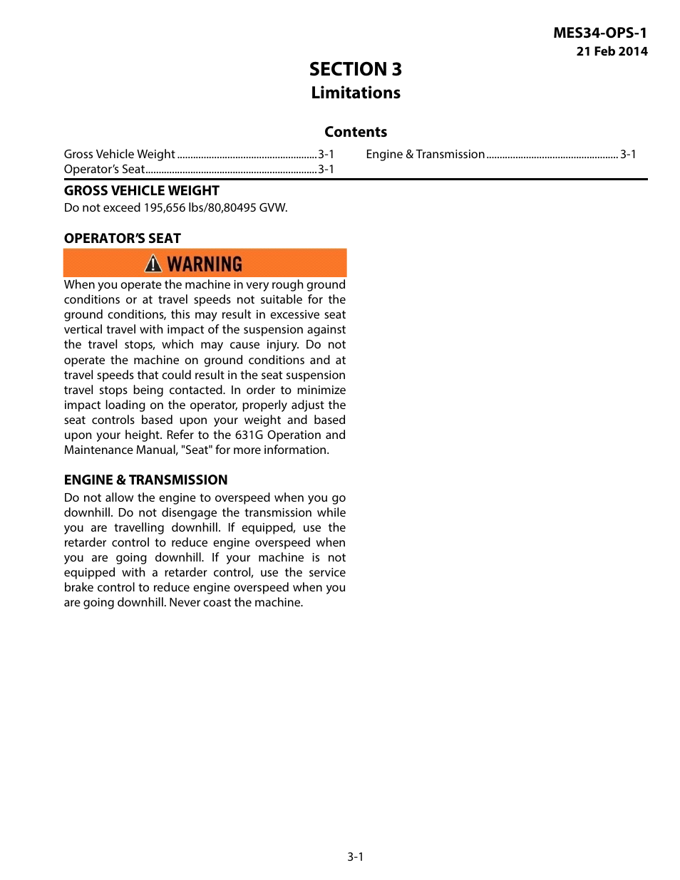 Limitations, Gross vehicle weight, Operator’s seat | Engine & transmission, Section 3 limitations -1 | MEGA Corp. MES34-OPS-1 User Manual | Page 16 / 35