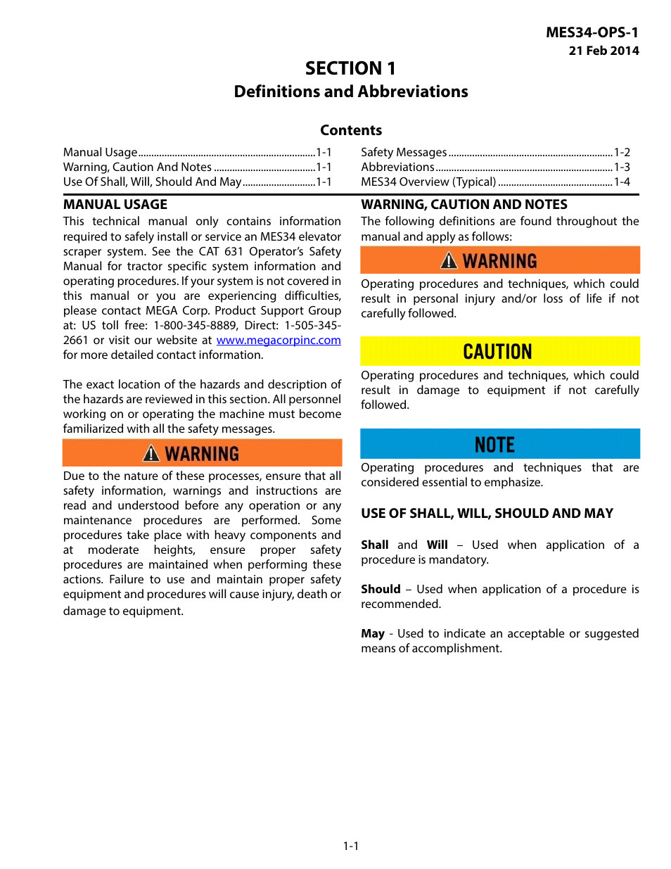 Definitions and abbreviations, Manual usage, Warning, caution and notes | Use of shall, will, should and may, Section 1 definitions and abbreviations -1 | MEGA Corp. MES34-OPS-1 User Manual | Page 4 / 35