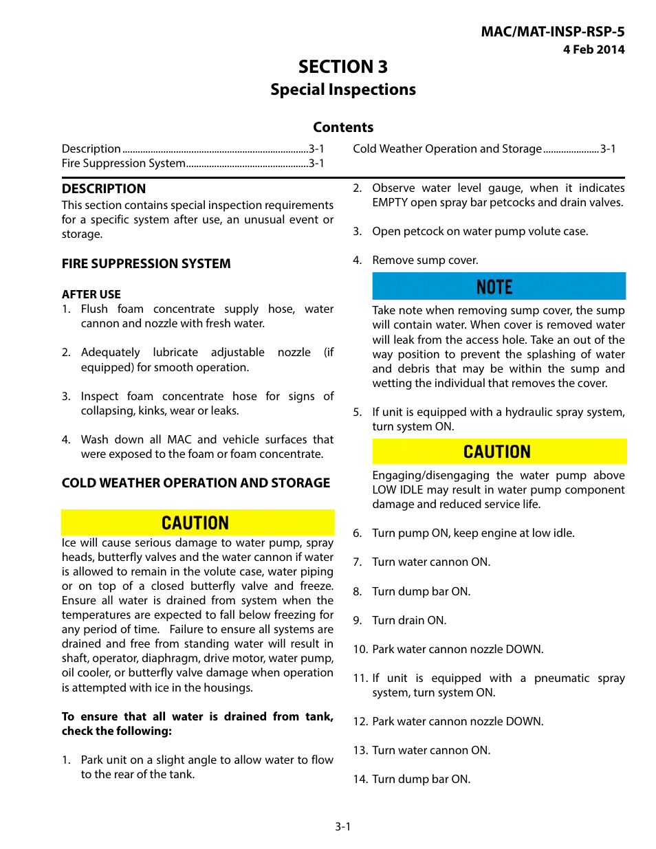 Special inspections, Description, Fire suppression system | Cold weather operation and storage, Section 3 special inspections -1 | MEGA Corp. MAC-INSP-RSP-5 User Manual | Page 14 / 21