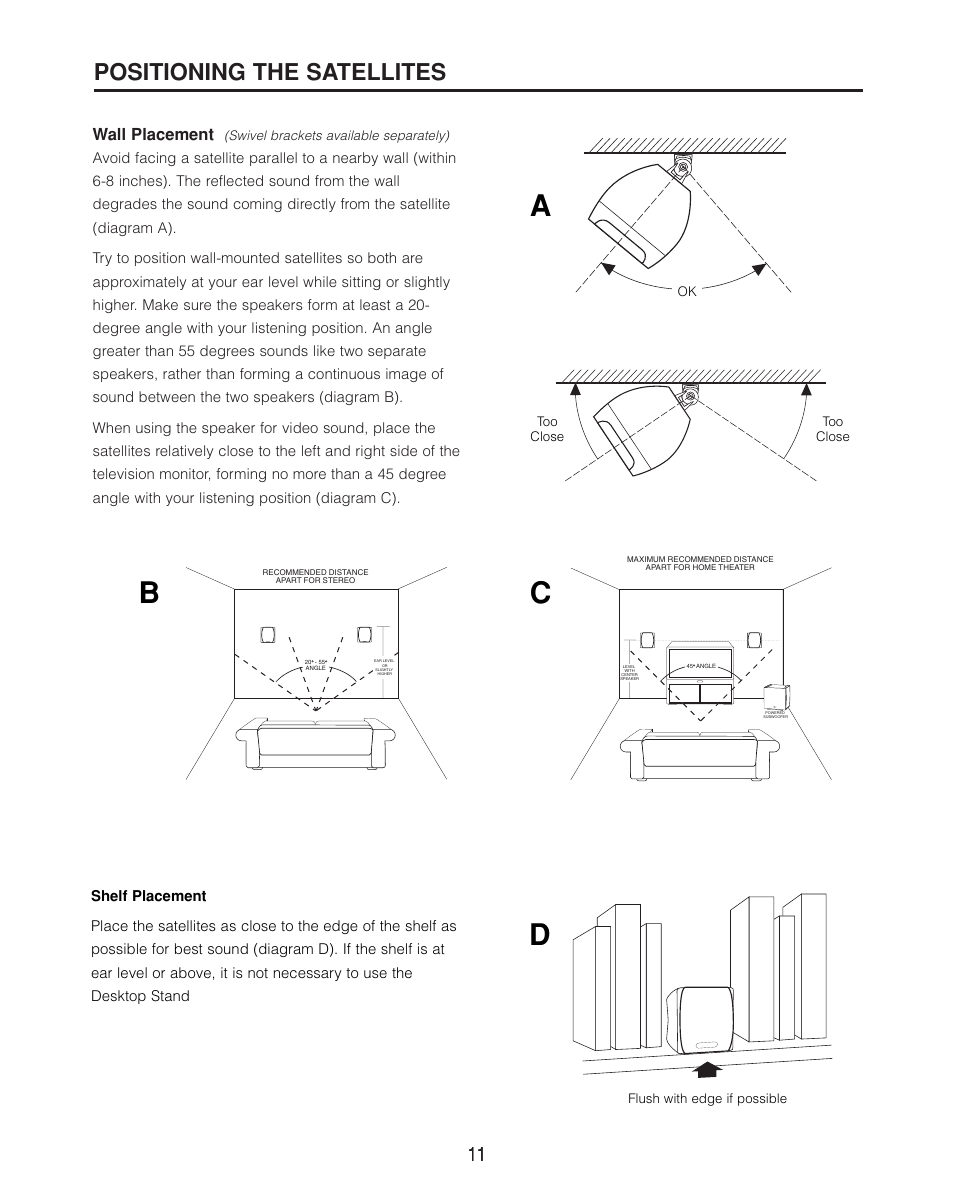 Ab c, Positioning the satellites, Wall placement | Cambridge SoundWorks II User Manual | Page 11 / 20