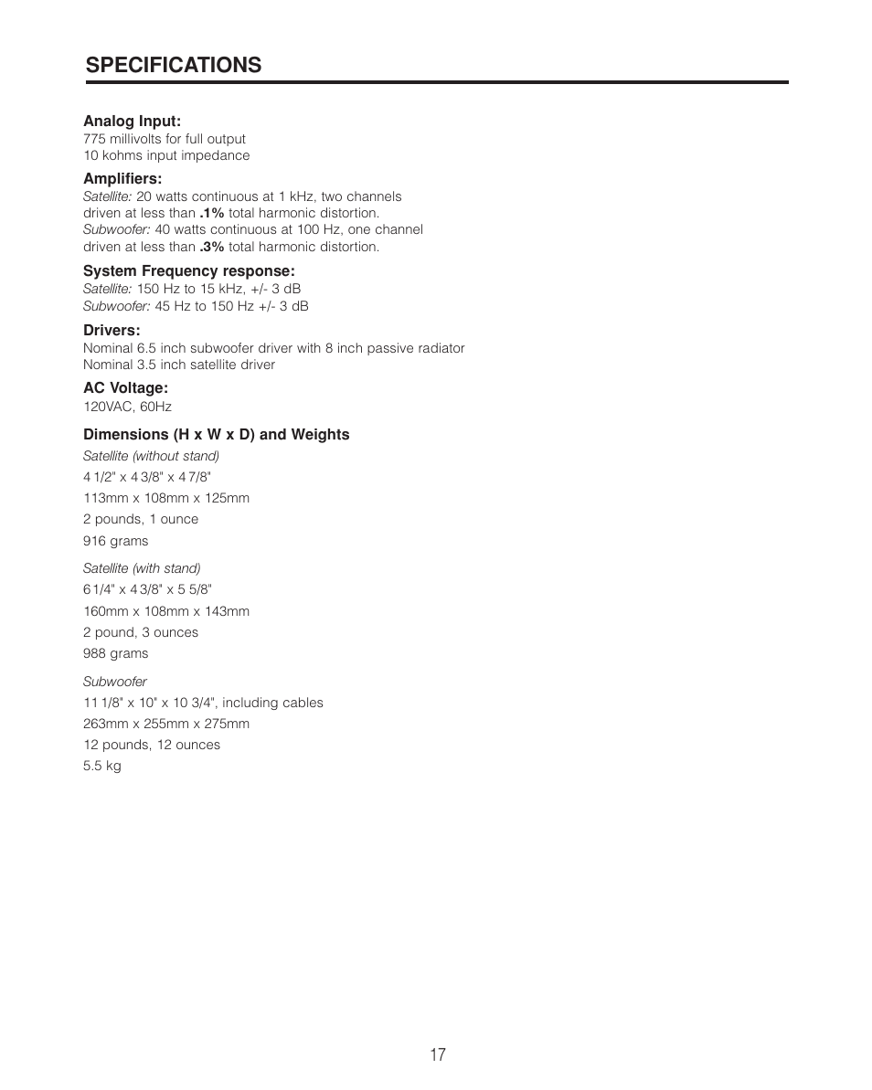 Specifications | Cambridge SoundWorks II User Manual | Page 17 / 20