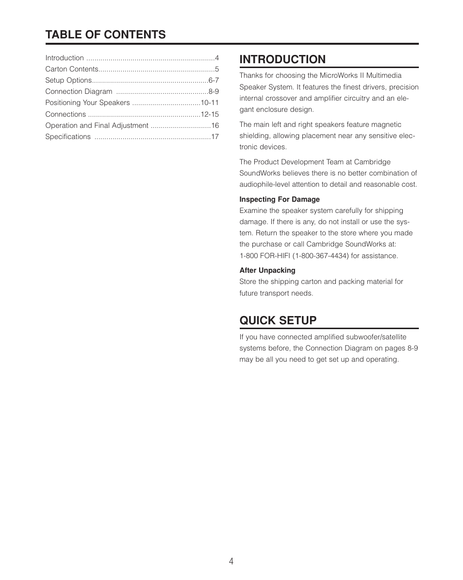 Table of contents introduction, Quick setup | Cambridge SoundWorks II User Manual | Page 4 / 20