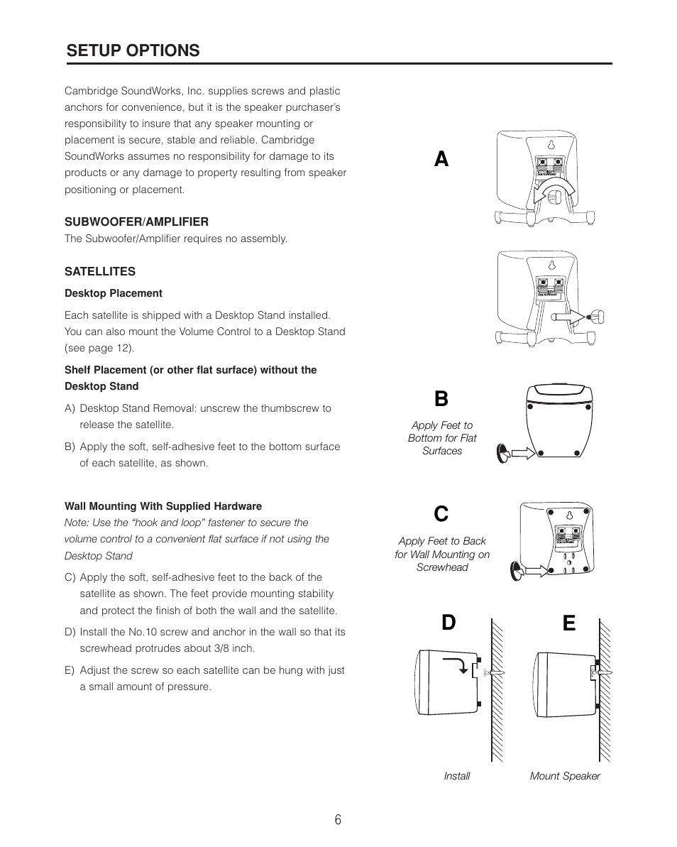 Ab d c e, Setup options | Cambridge SoundWorks II User Manual | Page 6 / 20