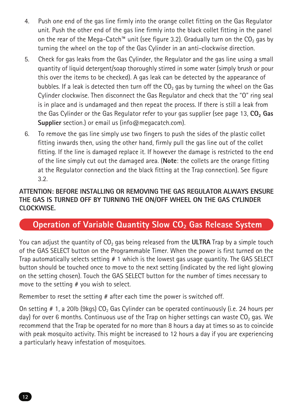 Operation of variable quantity slow co, Gas release system | Mega Catch MCU-800 Ultra User Manual | Page 14 / 32