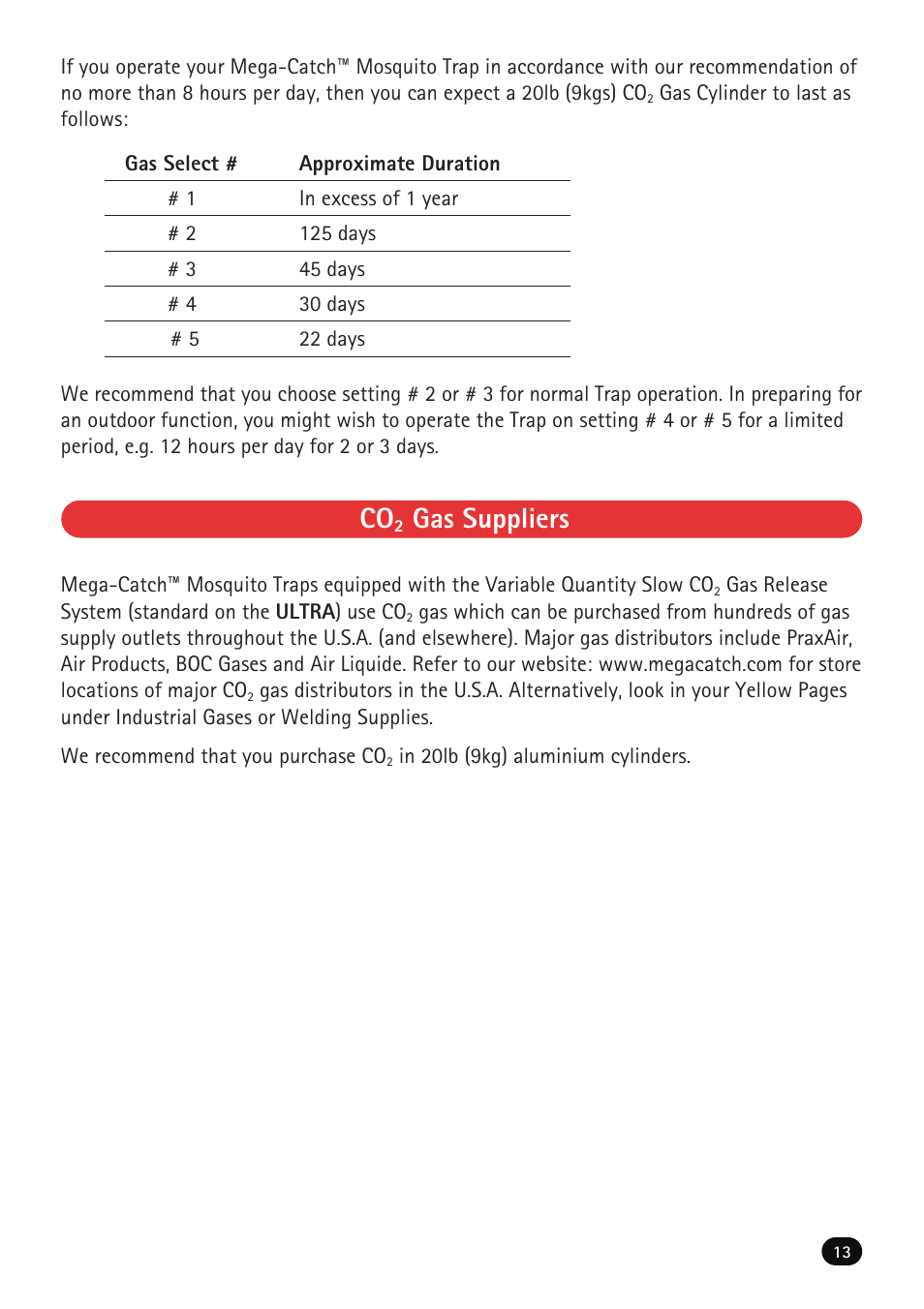 Gas suppliers | Mega Catch MCU-800 Ultra User Manual | Page 15 / 32