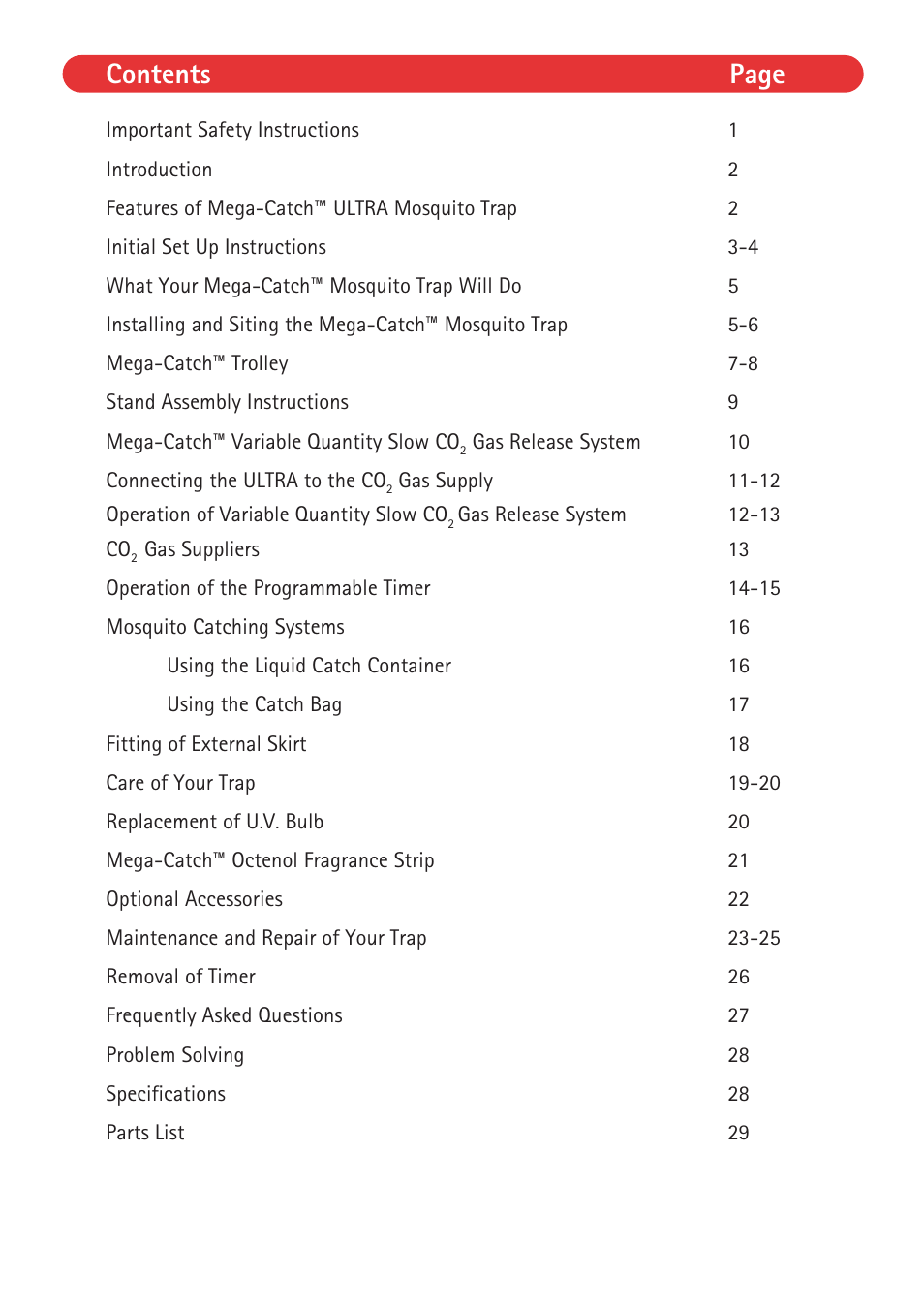 Contents page | Mega Catch MCU-800 Ultra User Manual | Page 2 / 32